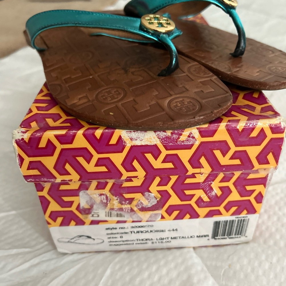 Tory Burch Turquoise and Gold Thora Sandals